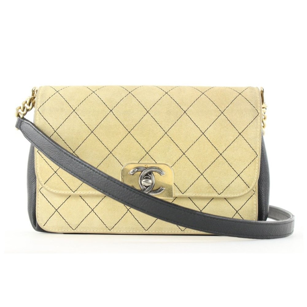 Chanel Beige Quilted Suede x Black Leather Classic Flap Bag 2CC1202